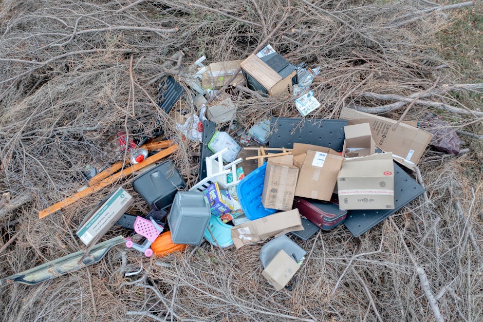 A collection of assorted waste materials and household rubbish scattered on a patch of dry, brown grass and leafless twigs in an outdoor setting. The debris includes cardboard boxes, some flattened and others partially intact, with printed labels and logos visible on their surfaces. There are plastic containers, including a blue laundry basket, a gray storage bin, and a pink plastic item, along with various smaller plastic objects such as a red soda can, a white plastic chair part, and other unidentifiable plastic pieces. Wooden items, like a narrow plank, are also present, along with a black toolbox or case. The waste appears to be randomly piled, with some items leaning against each other and others resting directly on the ground. The environment suggests an area of informal dumping, possibly near a rural or undeveloped outdoor space. This scene illustrates the type of waste that professional rubbish removal services, like Waste Removal Notting Hill, commonly handle as part of private or independent waste disposal efforts, especially where local authority collection is not available or has been bypassed.