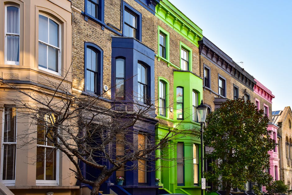 A row of three to four-storey Victorian-style terraced houses featuring distinct facade colors—beige, dark blue, bright green, and pale pink—each with large, vertically oriented sash windows framed in white. The buildings have decorative cornices and brickwork detailing, with smooth painted surfaces and contrasting trim. In the foreground, a leafless tree with thin, spindly branches partially obscures the lower floors, while a streetlamp with a black metal post and glass lantern stands beside a dense, dark green leafy shrub. The scene is illuminated by natural daylight against a clear blue sky, with shadows cast on the facades, highlighting the textures of brickwork and painted surfaces. This urban residential setting exemplifies the vibrant, individual character of Nottinghamshire's housing stock, with no visible rubbish or waste, but the context aligns with private waste management services such as those offered by Waste Removal Notting Hill for on-site clearance or independent collection of household rubbish in similar urban environments.